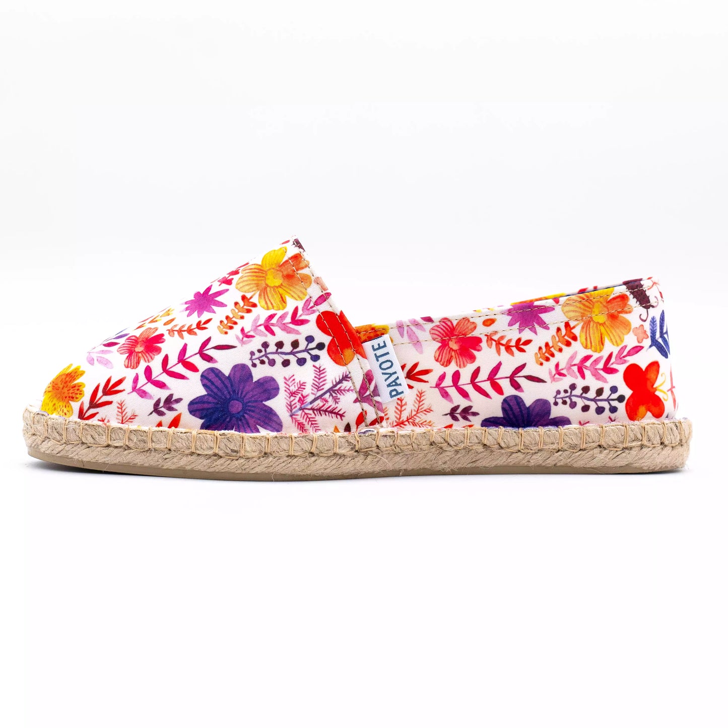 Espadrille imprimée fleurs mauves et oranges