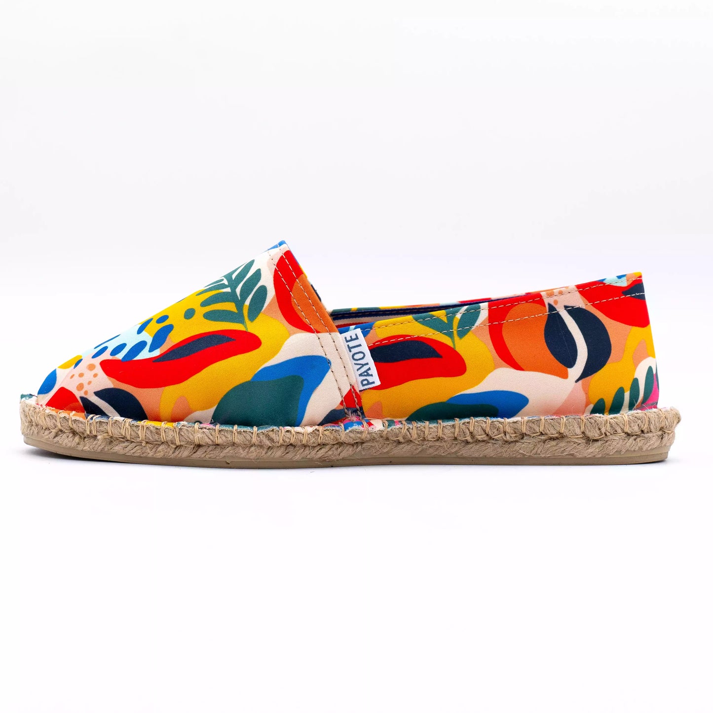 Espadrille jaune, rouge et imprimée feuilles