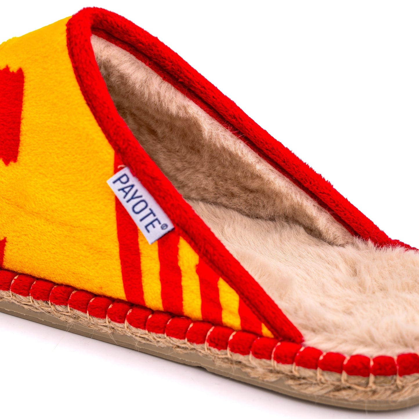 Intérieur fourré en polaire de la mule espadrille USAP rouge et jaune