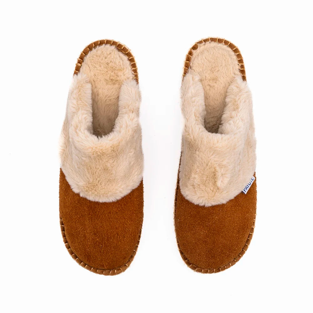 Mules camel made in France rembourrées en polaire écrue