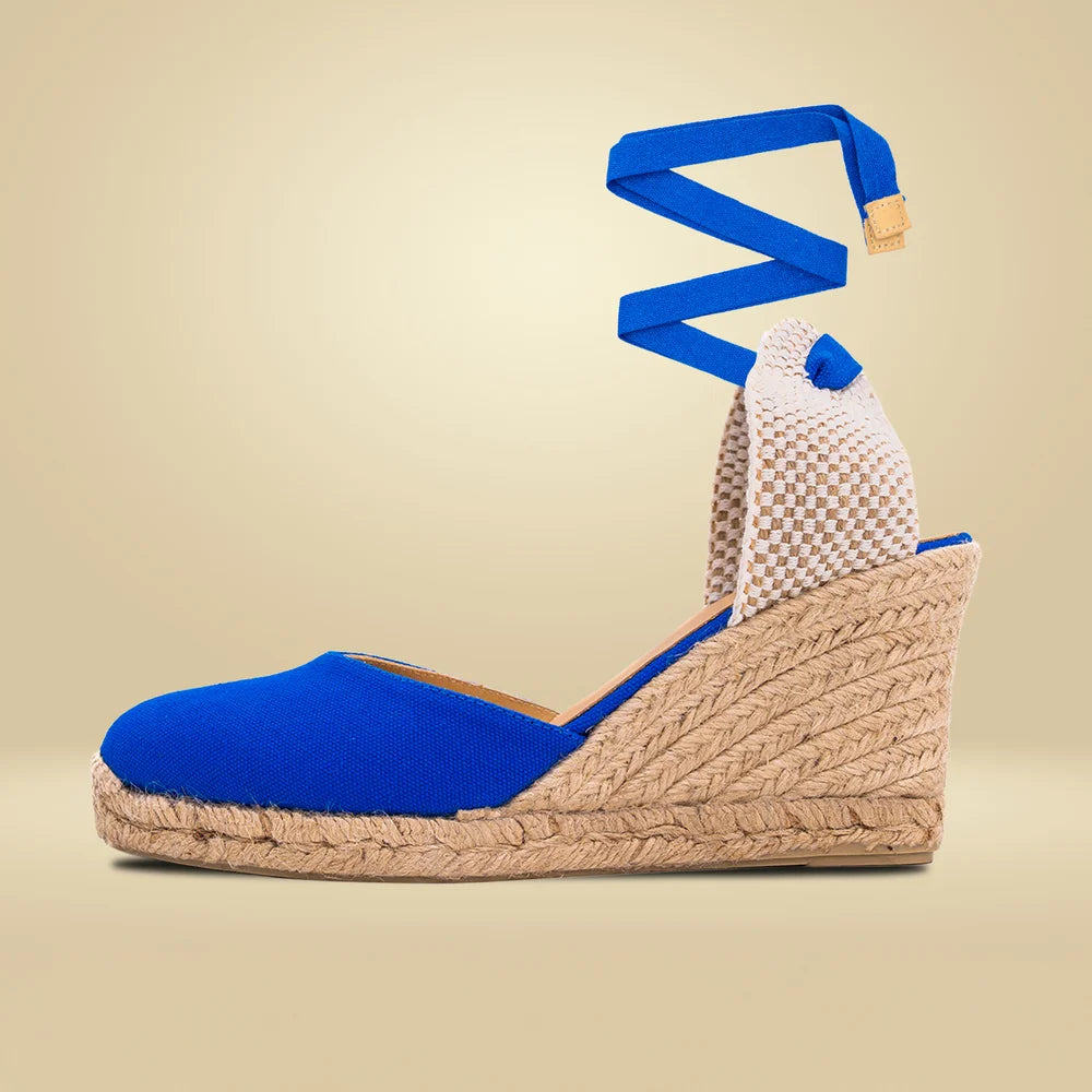 Espadrille compensée bleu roi à lacets de fabrication française