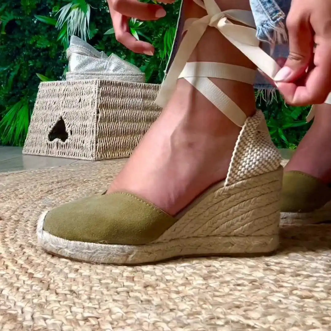 Espadrille Compensée Victoire Kaki à ruban - T7